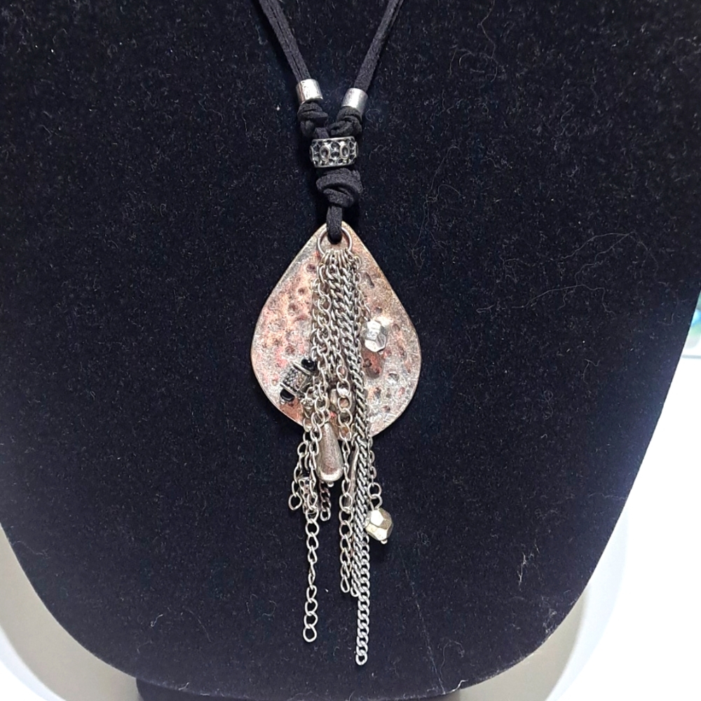 Premier Designs Silver Cluster Chain Pendant Black Leather Long Necklace Boho